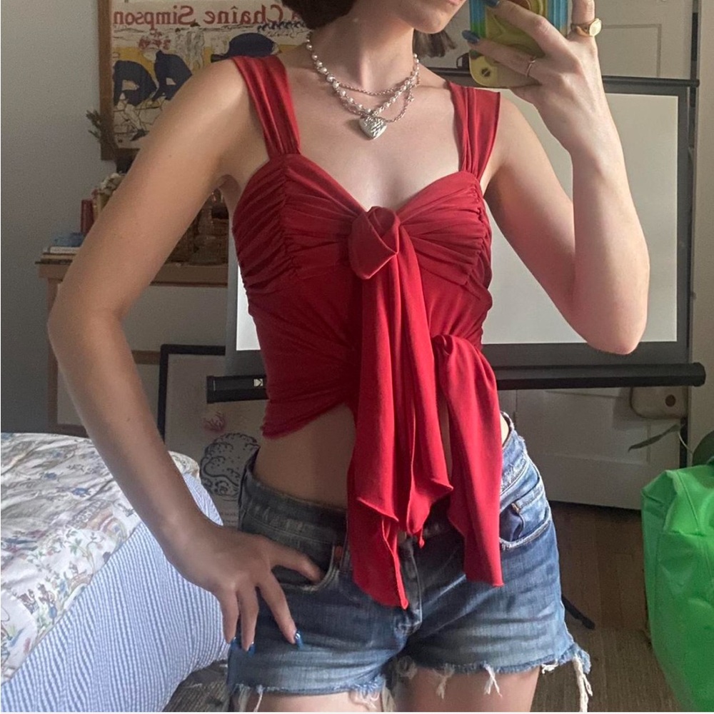 No Boundaries Red Ruched Tie Front Tank Top